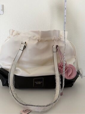 Victoria's Secret Cream & Black Tote with Pink Floral Charm